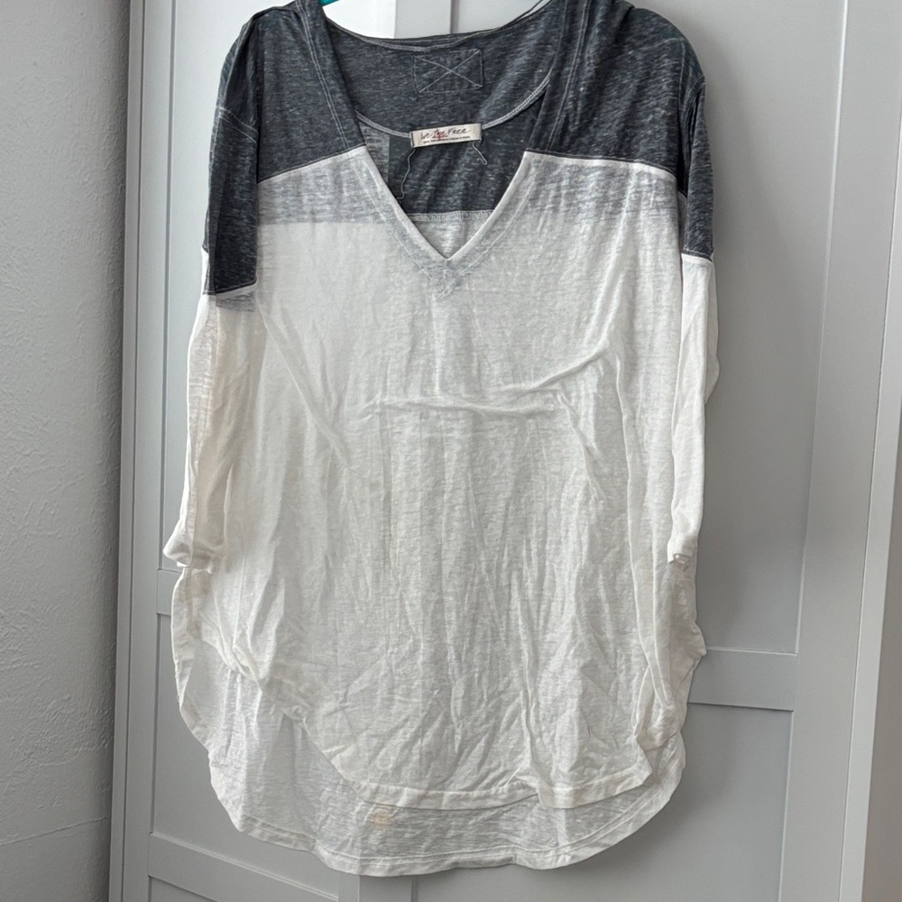 We The Free Two-Tone V-Neck Long Sleeve Top - White & Charcoal